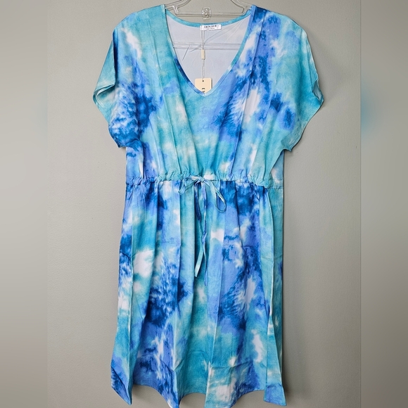 Womens Swimsuit Cover Up V Neck Short Sleeve Beachwear Dress, Marine Tie Dye, L - Picture 4 of 7